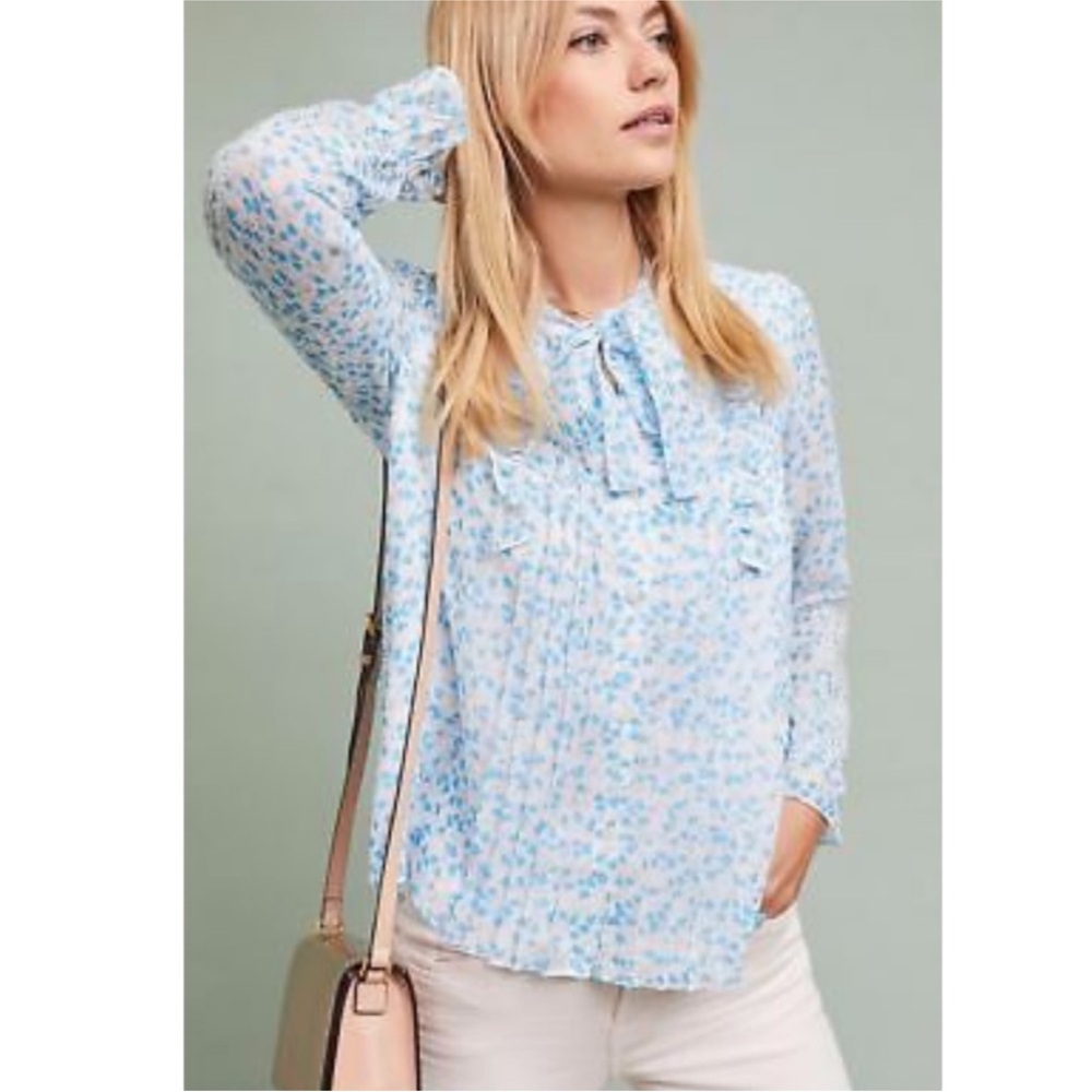 Anthropologie Ranna Gill Eden Blue Floral Neck Tie Beaded Sequin Top NWT Medium
